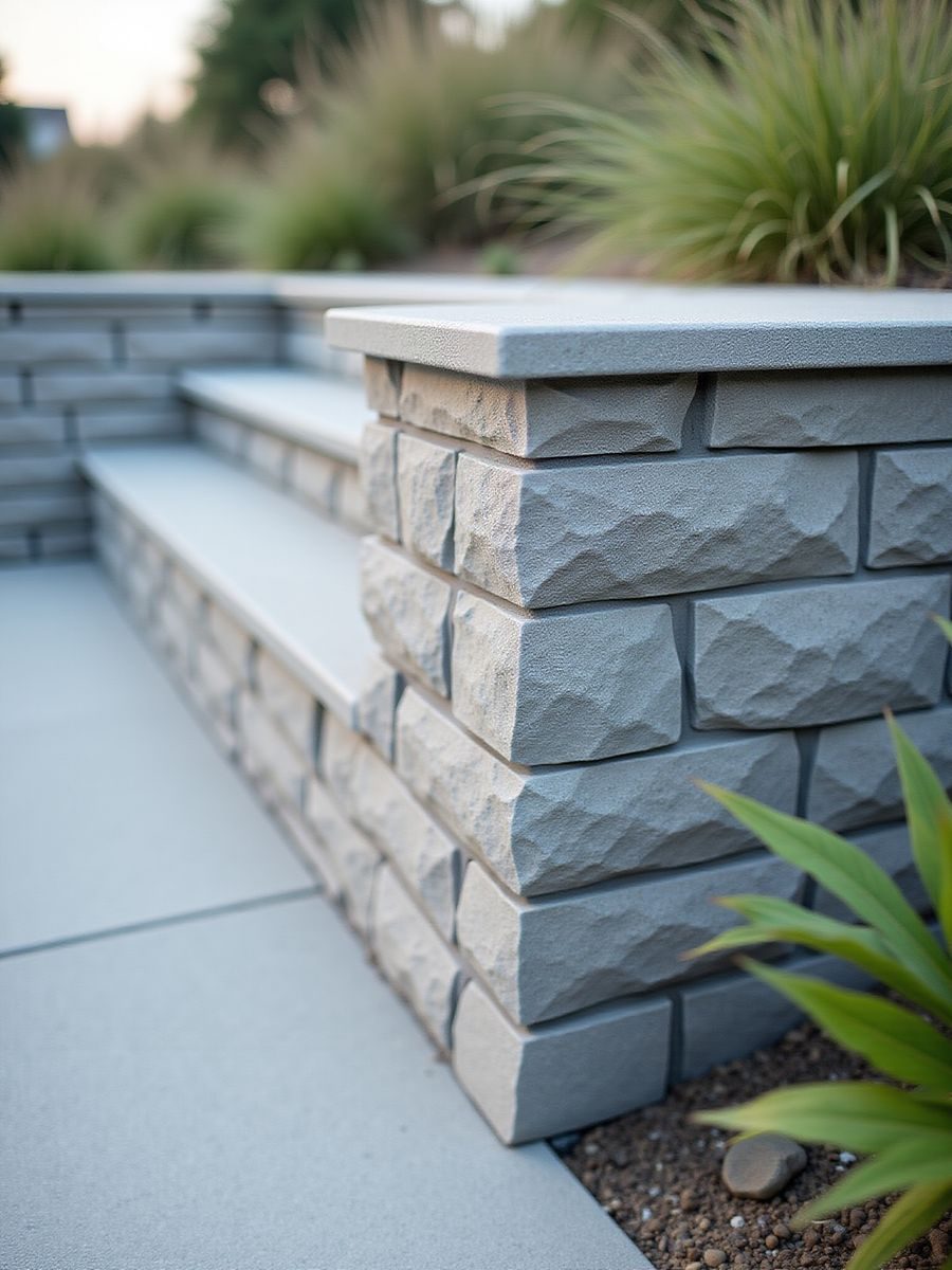Natural stone retaining wall with landscape plantings